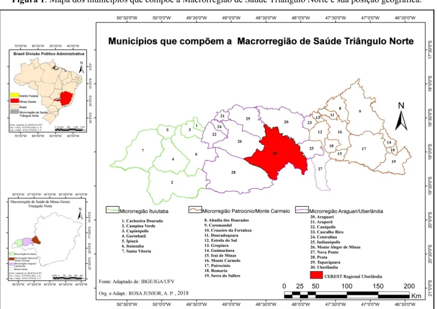 Figura 1. Mapa dos municípios que compõe a Macrorregião de Saúde Triângulo Norte e sua posição geográfica