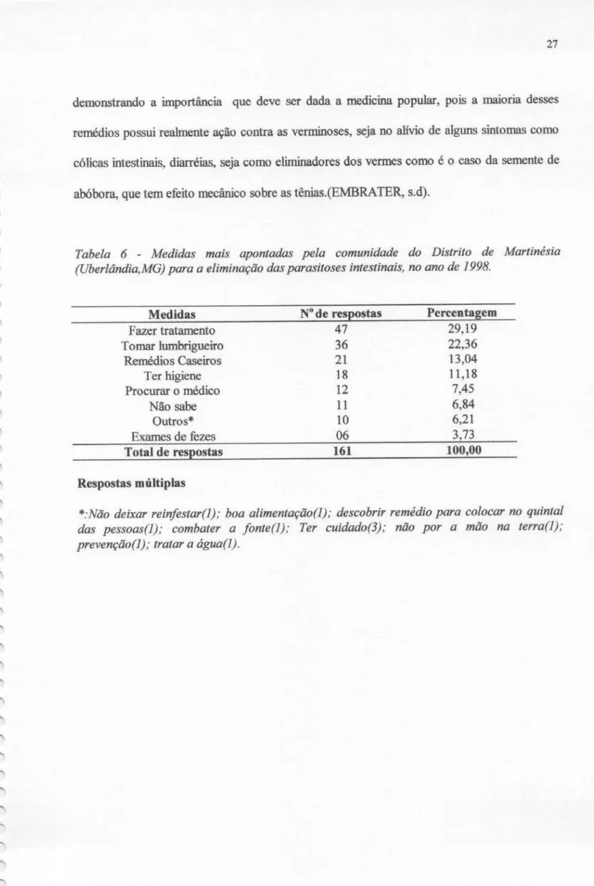 Tabela 6 - Medidas mais apontadas pela comunidade do Distrito de Martine'sia (Uberlândia,MG) para a eliminação das parasitoses intestinais, no ano de 1998.