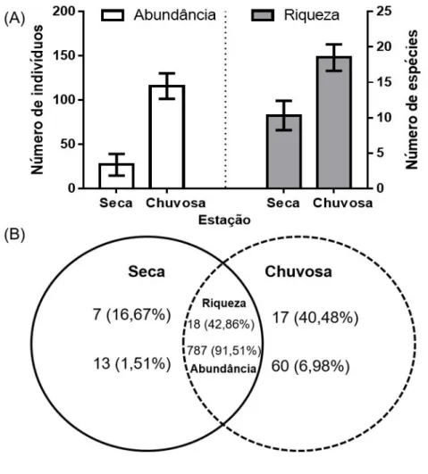 FIGURA 4: (A) Representação da média do número de abundância e riqueza de espécies entre  a estação seca e chuvosa na Reserva do Sucupira