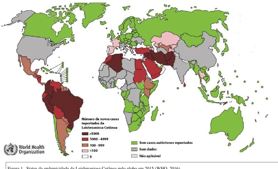 Figura 1.  Status da endemicidade da Leishmaniose Cutânea pelo globo em 2015 (WHO, 2016)
