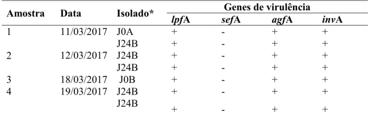 Tabela 3. Genes de virulência identificados em Salmonella spp isoladas de carcaças de  rãs-touro abatidas em um abatedouro-frigorífico de Uberlândia-MG 