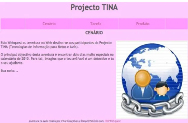 Figura II. Webquest Projecto TINA  (https://comunidade.ese.ipb.pt/phpwebquest/minique