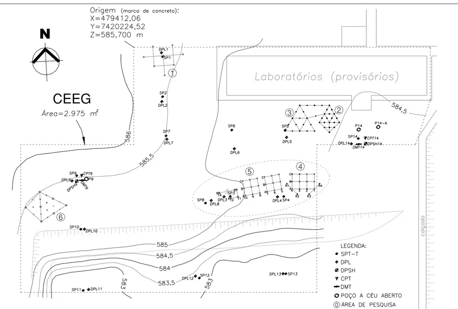 Figura 3.2 - Área do CEEG com a locação das campanhas de investigação do subsolo e das áreas de pesquisas 