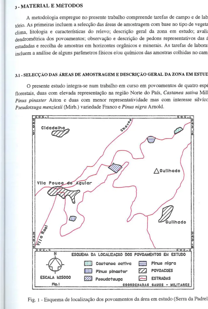 Fig.  1 - Esquema de localização dos povoamentos da área em estudo (Serra da Padreia)