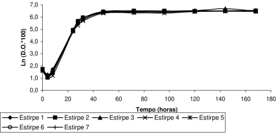 Figura 6. Variação da densidade óptica (640 nm) em função do tempo de sete estirpes de S