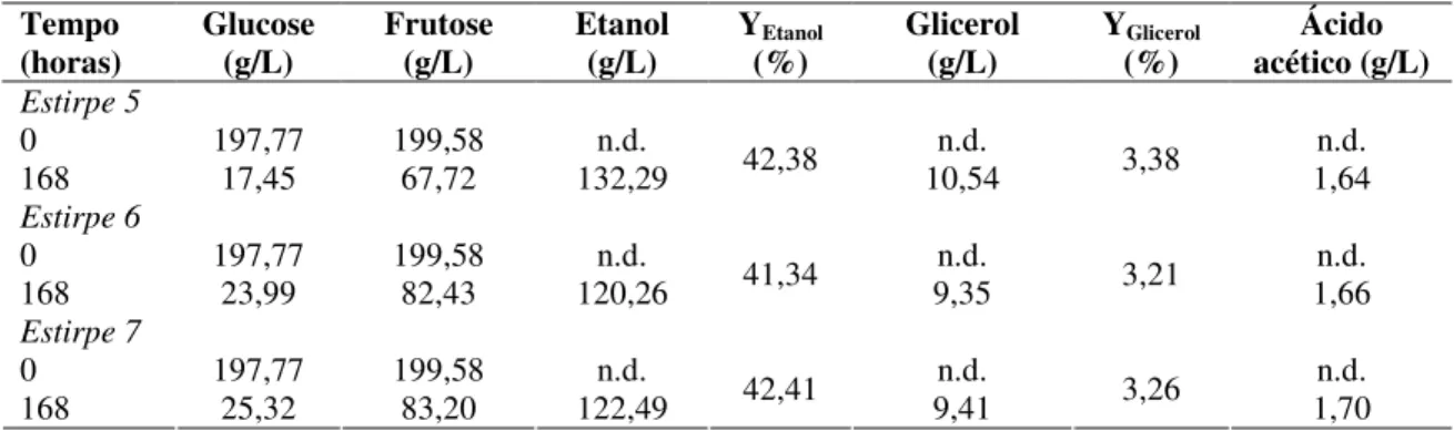Tabela  6.  Quantificação  dos  produtos  da  fermentação  (etanol,  glicerol  e  ácido  acético  (g/L))  e  dos  açúcares  consumidos  (glucose  e  frutose  (g/L))  durante  fermentações  conduzidas  por  três  estripes  de S