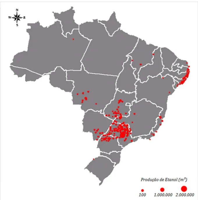 Figura 2.2 - Mapa com a produção municipal de etanol  Fonte: elaborado a partir de dados do Anuário da Cana (2010) 