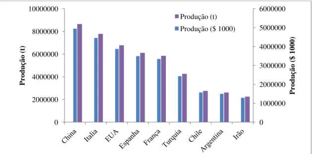 Figura  1.1  -  Principais  países  produtores  de  uva  em  2010,  adaptado  da  FAOSTAT  (2010) 