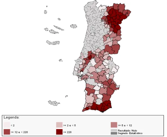 Figura 2 – Número de explorações por concelho e por classes em Portugal. Adaptado de  INE