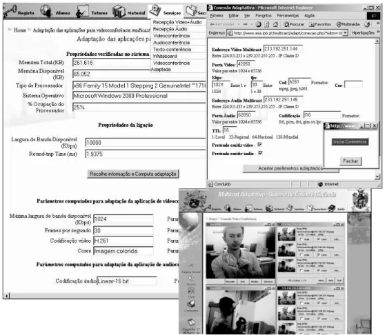 Figure 3. E-learning system screenshots and MMC’s adaptation HTML forms based on available QoS