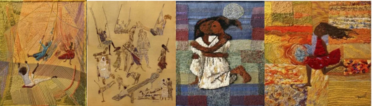 Figura  18  Na  sequência,  da  esquerda  para  a  direita:  “Meninos  no  Balanço”,  “Brincadeiras  Brasileiras”, “O abraço” e “Menina do Cata-vento ”