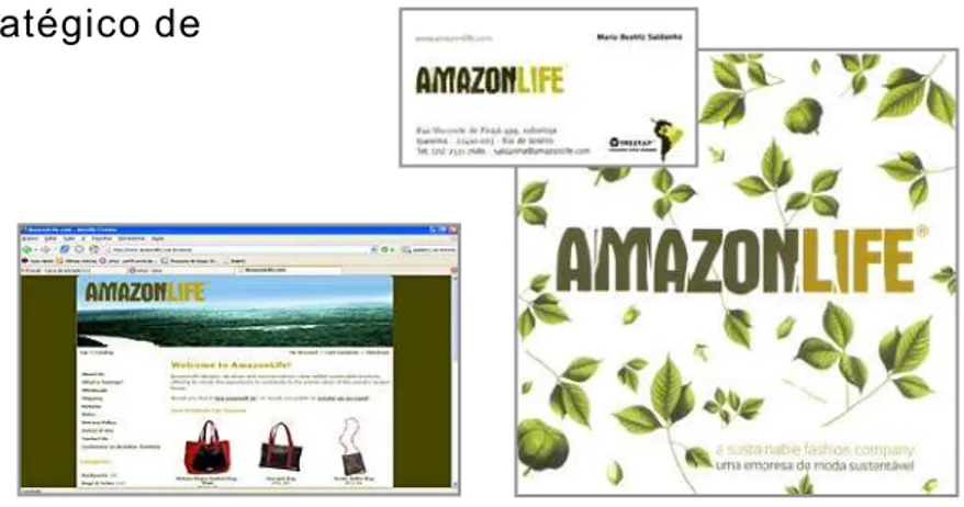 Figura 9: Comunicação Visual da amazon life: logotipo, capa do  catálogo, página inicial do site e cartão de visita.