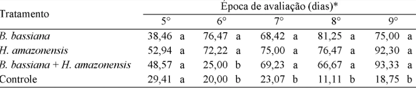 Tabela  3. Mortalidade  de  larvas de  Hypothenemus  hampei  causada por  Beauveria bassiana e Heterorhabditis  amazonensis  MC01  por 5 dias de avaliação