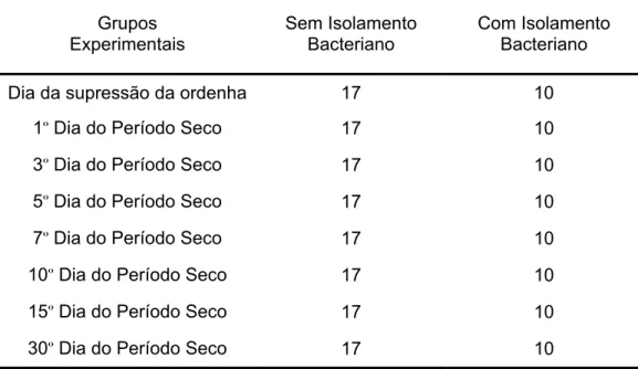 Tabela 3.1 -  Constituição dos grupos experimentais para avaliar as características físico- físico-químicas e celulares na secreção láctea de cabras da raça Saanen durante o processo de  secagem da glândula mamária – São Paulo – 2007 