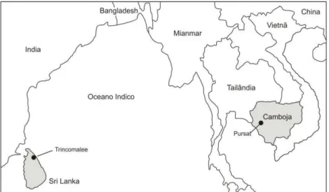 Figura  10-  Mapa  da  localização  de  Camboja  e Sri  Lanka,  países  dos  quais  foram  analisadas  amostras de DNA para este estudo.