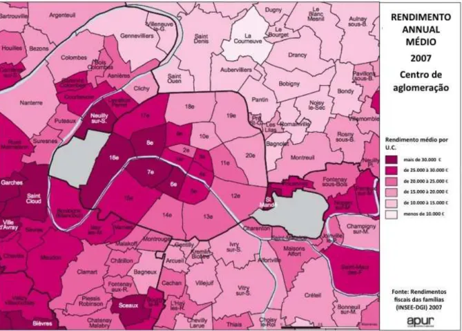 FIGURA 13. Rendimentos anuais médios por arrondissement  FONTE: APUR (2014) modificado pela autora 