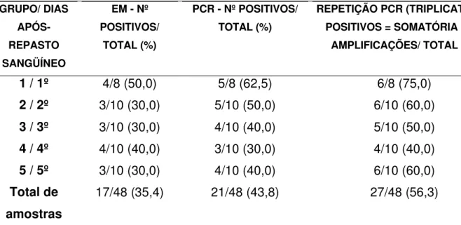 Tabela 2 -  Comparação da PCR com o EM na detecção da cepa Y do  T. cruzi em amostras procedentes do tubo digestório do T