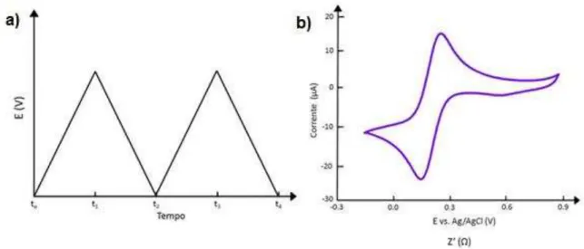 Figura 5 -  Esquema da técnica de voltametria cíclica. a) potencial em função do tempo e b) gráfico de  corrente contra potencial aplicado para o marcador ferricianeto de potássio