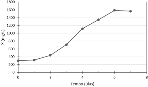 Figura 6. Concentração celular (X) em função do tempo para o experimento 4 (processo  descontínuo utilizando 20mM de nitrato de sódio)