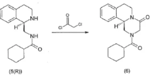 Figura 9 -  Etapa 5 (Rota 1) - Preparação do (R)-Praziquantel a partir da amida do ácido [R- [R-1-(1,2,3,4-tetra-hidroisoquinolin-1-ilmetil)]-ciclo-hexanocarboxílico (5(R)) 