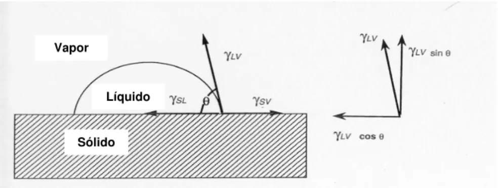 Figura 10. Esquema das medidas de ângulo de contato e da tensão superficial 44 .  