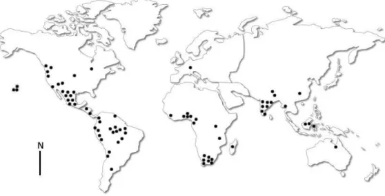 Figura I.3. Distribuição geográfica dos estudos científicos sobre os efeitos ecológicos da  exploração de PFNMs (n=71) 
