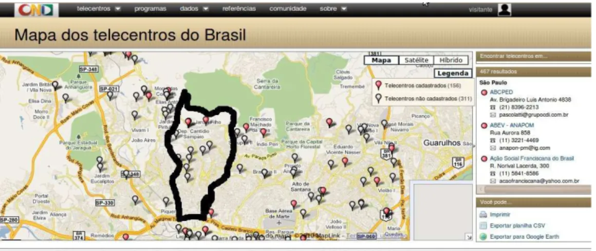 Figura 6: Resultado da pesquisa de telecentros em São Paulo, disponível no ONID 41 . Destaque  na Subprefeitura da Freguesia do Ó/Brasilândia feito pela pesquisadora.