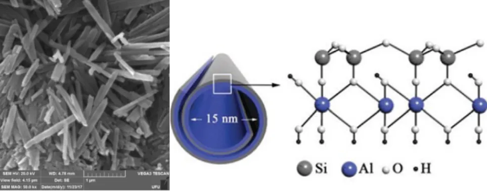 Figura  2-  Imagens  de  microscopia  eletrônica  de  varredura  e  ilustração  da  estrutura  cristalina dos Nanotubos de haloisita utilizados neste trabalho