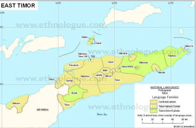 Figura 1 – Mapa Linguístico das línguas faladas  no Timor-Leste  Fonte: http://www.ethnologue.com/show_map.asp?name=TL&amp;seq=10 