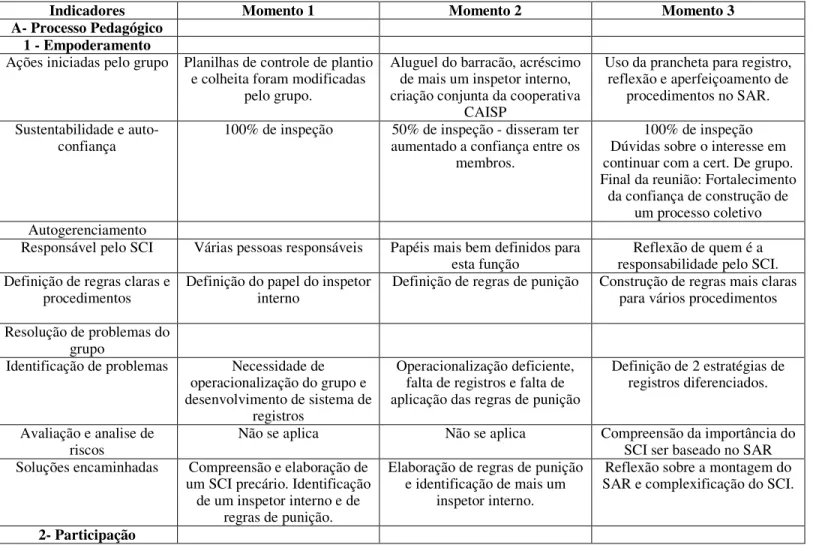 Tabela 4. Indicadores de avaliação do processo pedagógico e de controle social da APROVE 