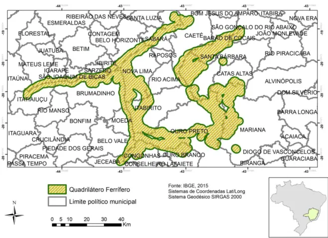 Figura 1 - Mapa de localização do Quadrilátero Ferrífero e área de estudo.  