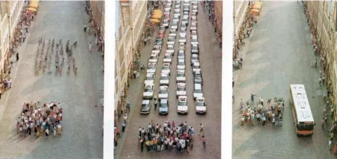 Figura 1: Comparação entre o espaço ocupado por bicicletas, carros e ônibus. 