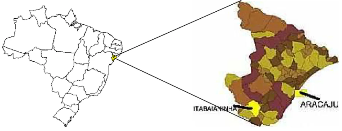 Figura 4.1 – Localização geográfica do município de Itabaianinha em relação ao estado brasileiro  Sergipe, bem como à sua capital Aracaju 