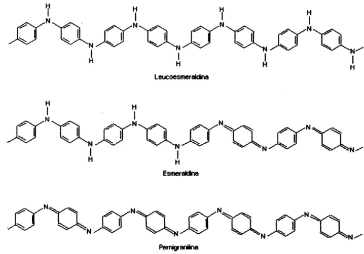 Figura 2.4. Diferentes graus de oxidação da polianilina, ilustrados a partir de um octâmero deste polímero.