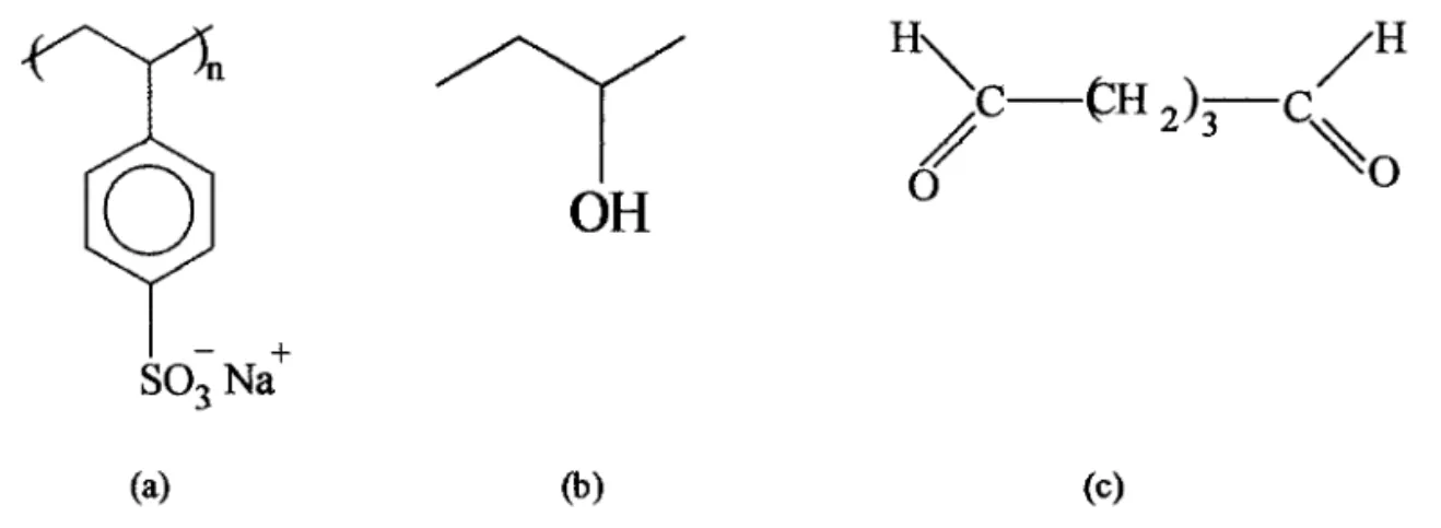 Figura 3.2. Estruturas químicas dos materiais utilizados: a) poli(estireno sulfonato de sódio), PSS, massa molar 70,000 g/moL, b) poIi(álcool vinílico), PVA, massa molar 90,000 g/moL e c) glutaraldeído, massa molar 100,12 g/moL.