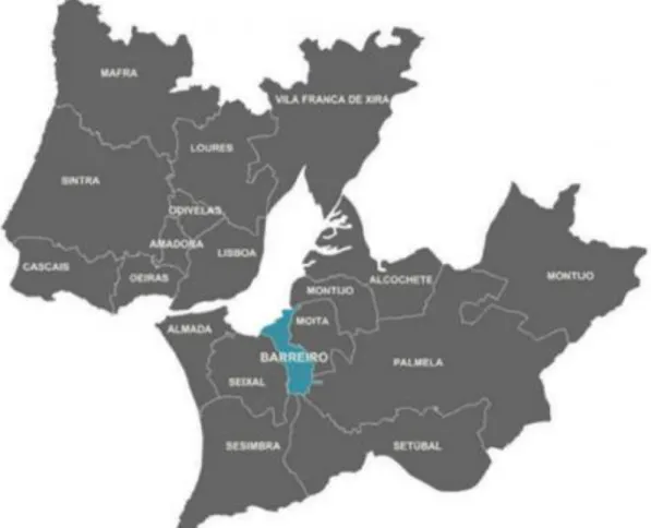 Figura  12  -  Enquadramento  geográfico  do  município  do  Barreiro  (ClimAdaPT.Local,  EMAAC  -  Barreiro,  2016)