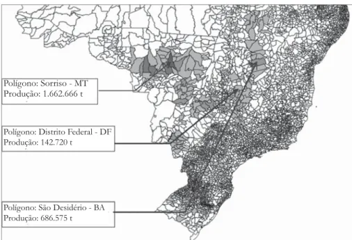 Figura 5: Corte ampliado dos municípios produtores de soja no Brasil - 2007.