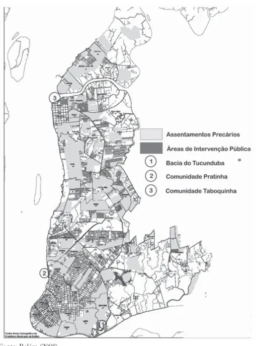 Figura 3. Localização das áreas estudos de caso, adaptado a partir de mapa de  assentamentos precários na cidade de Belém.