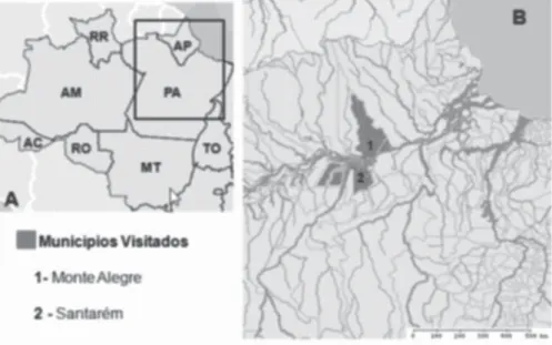 Figura 1 – Localização da mesorregião do baixo amazonas (A) e dos municípios  estudados (B)