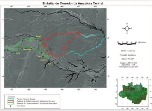 Figura 1 - Mapa do corredor ecológico formado pelas RDS Mamirauá (em verde)  e Amanã (em vermelho) e o Parque Nacional do Jau (em azul), destacando sua  localização na Amazônia.