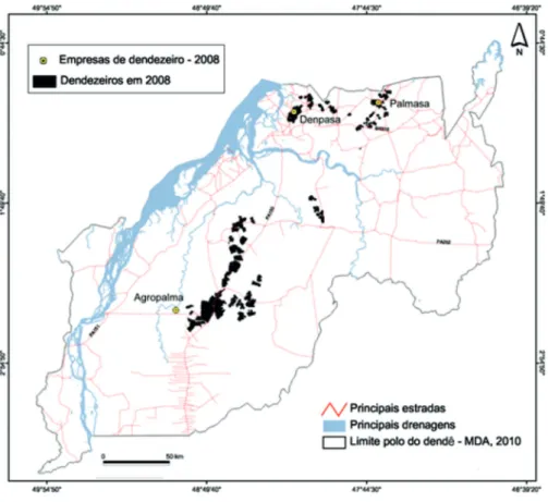 Figura 2 – Distribuição dos plantios de palma de óleosem 2008 no nordeste do  estado do Pará (Polo do Dendê).