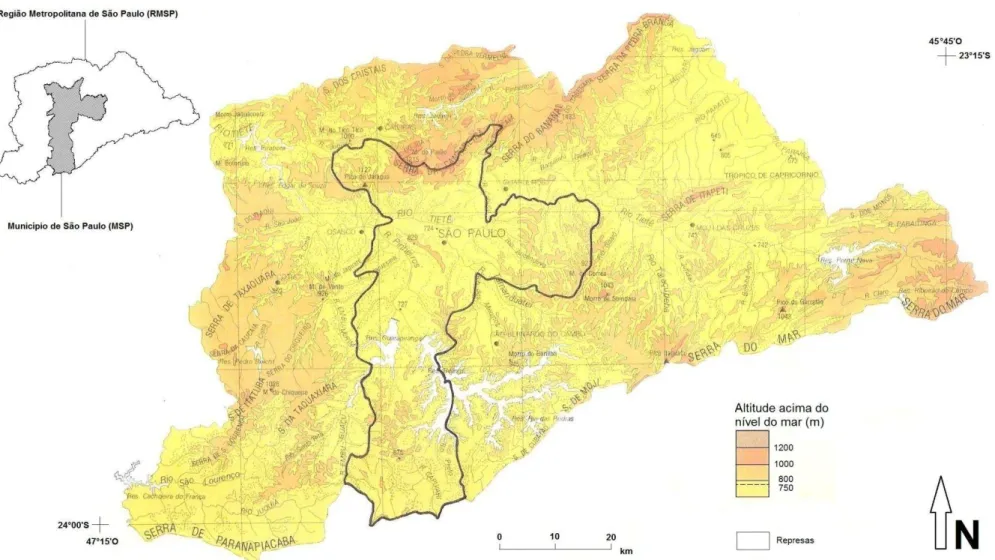 Figura 9 – Unidades de altitudes predominantes na RMSP presentes no MSP. Fonte: mapa Hidrografia e Relevo (SÃO PAULO, 1978) e bases  cartográficas  digitais  utilizadas  no  Plano  de  Manejo  dos  Parques  Naturais  localizados  ao  longo  do  trecho  Sul