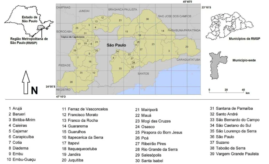 Figura 1  –  Localização da Região Metropolitana de São Paulo no Estado de São Paulo e os municípios que a constituem