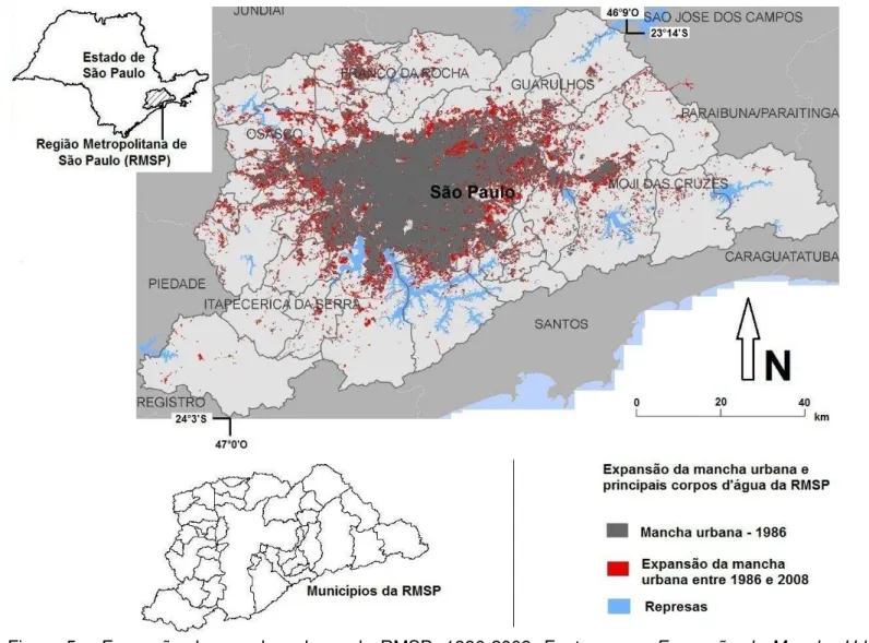 Figura  5  –   Expansão  da  mancha  urbana  da  RMSP,  1986-2008.  Fonte:  mapa  Expansão  da  Mancha  Urbana  na  RM  São  Paulo  1986-2008  (GALVÃO, 2011), bases cartográficas digitais utilizadas no Plano de Manejo dos Parques Naturais localizados ao lo