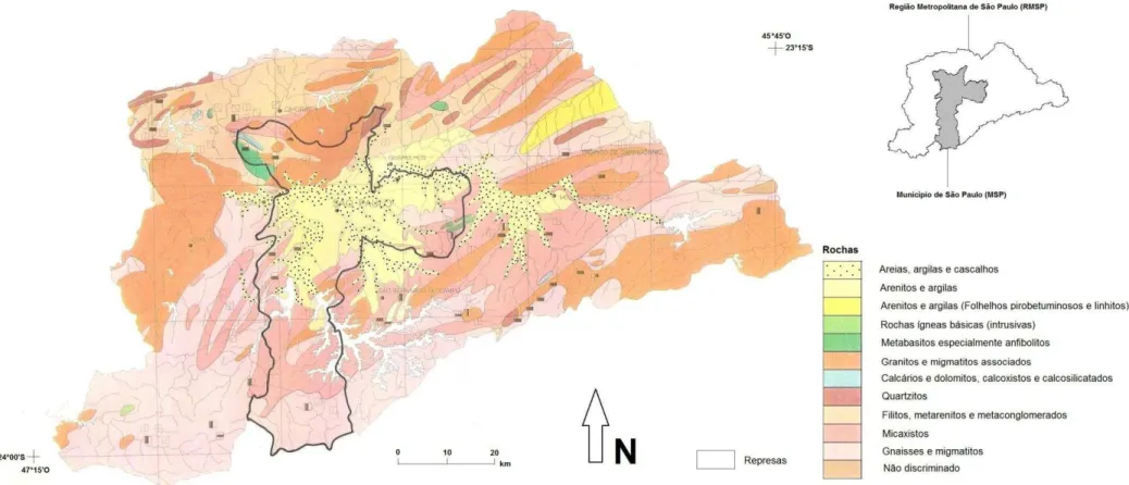 Figura  6  –   Unidades  geológicas  predominantes  na  RMSP  e  MSP.  Sedimentos  aluviais  (areias,  argilas  e  cascalhos),  sedimentos  terciários  (areias e argilas), rochas cristalinas / suítes graníticas (granitos e migmatitos associados) e rochas c