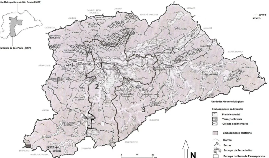 Figura 8  –  Unidades geomorfológicas da RMSP presentes no MSP. Fonte: mapa Unidades Geomorfológicas na Região Metropolitana de São  Paulo (BATISTA, 2002), mapa Compartimentação Geomorfológica e Bacias Hidrográficas da GSP (GROSS; MALHEIROS; SAITO,  1984) 