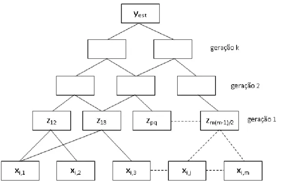 Figura 3. Estrutura do modelo auto-organizável GMDH com m entradas e k gerações  