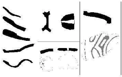 Figure 11 - El Círculo assemblage, A: rims (diameters 18-21 cm), B: fingernail-incised  rim, C: pedestal base, D-E: spindle whorls, F: painted rim (diameter 14 cm)