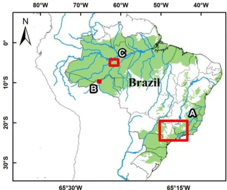 Figura  16 - Mapa  do Brasil evidenciando os locais e  as regiões usadas na colheita de amostras  biológicas de  PNT: (A) estado de  São  Paulo, (B) Rondônia  e (C) Amazonas   –  São  Paulo/Amazônia  –  2008 - 2012 