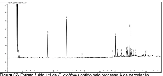 Figura 07- Extrato fluido 1:1 de E. globlulus obtido pelo processo A de percolação.  0 2 4 6 8 10 12 14 16 18 min
